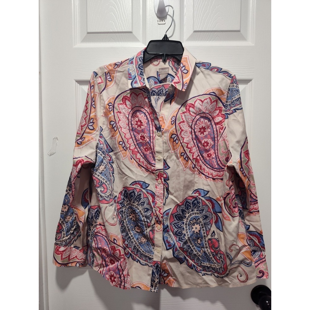 Chico's Shirt Size 3 XL/16 Pink Paisley Print No Iron Boxy Cotton Chintz Career - Picture 6 of 11